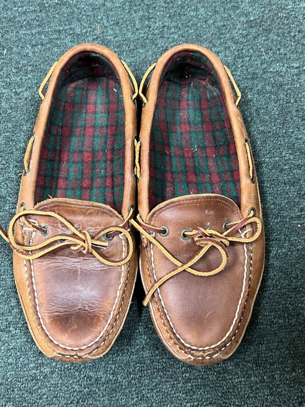 Brown Genuine Leather Boat Shoes Deck Loafers Moc Toe Plaid Lined Vtg handmade